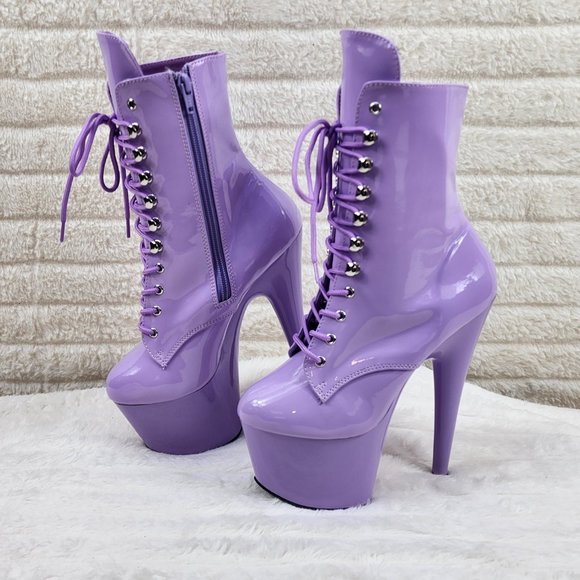 Lavender Lilac Purple Patent Platform 7" Heel Lace Up Ankle Boots - Picture 11 of 13
